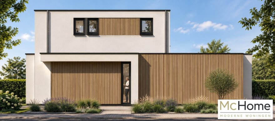 Moderne kubistische woning M-412 van McHome met plat dak en optioneel dakterras