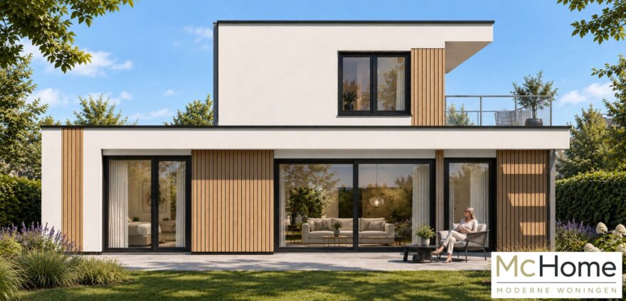 Moderne kubistische woning M-412 van McHome met plat dak en optioneel dakterras