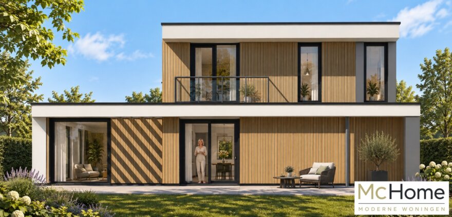 Moderne kubistische woning M-412 van McHome met plat dak en optioneel dakterras