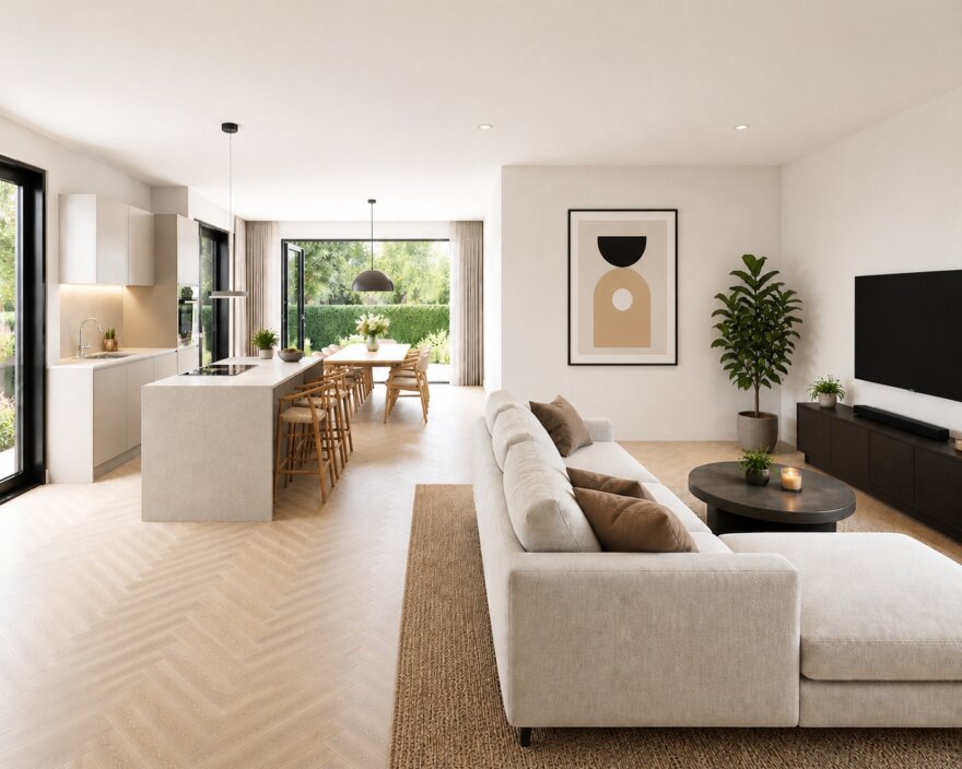Moderne schuurwoning met kap in staalframebouw met witte gevels, donkere dakbedekking, grote raampartijen en overdekt terras in een groene tuinomgeving.