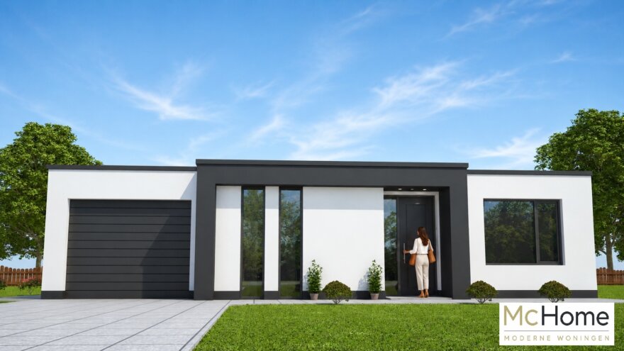 Moderne levensloopbestendige bungalow ontwerp B27 met grote glaspartijen, moderne architectuur en staalframebouw van Mc-Home