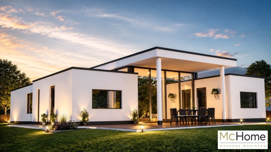 Moderne levensloopbestendige bungalow ontwerp B27 met grote glaspartijen, moderne architectuur en staalframebouw van Mc-Home