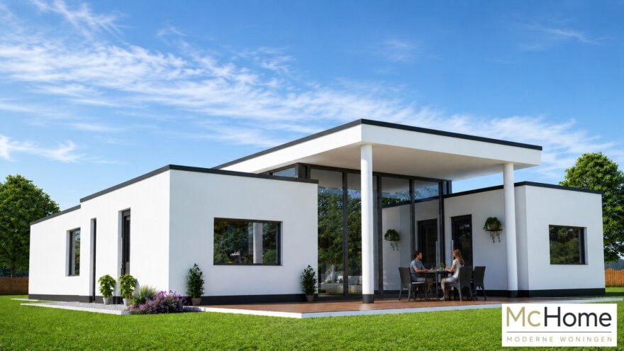 Moderne levensloopbestendige bungalow ontwerp B27 met grote glaspartijen, moderne architectuur en staalframebouw van Mc-Home