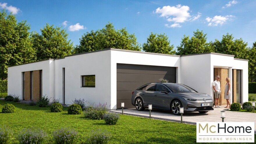 Mc-Home B144 moderne bungalow veel glas overdekt terras  Staalframebouw Nederland
