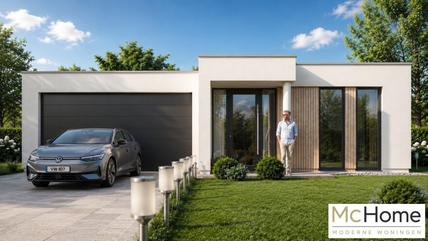 Mc-Home B144 moderne bungalow veel glas overdekt terras  Staalframebouw Nederland