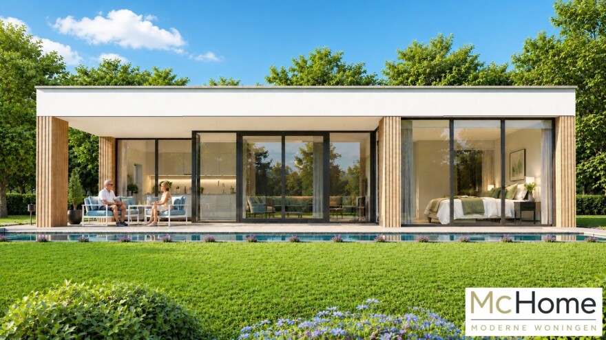 Mc-Home B144 moderne bungalow veel glas overdekt terras  Staalframebouw Nederland