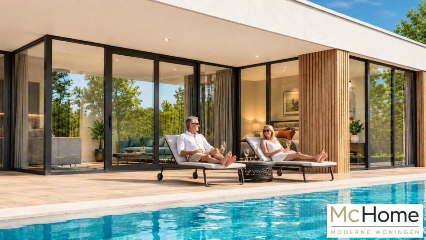 Mc-Home B144 moderne bungalow veel glas overdekt terras  Staalframebouw Nederland