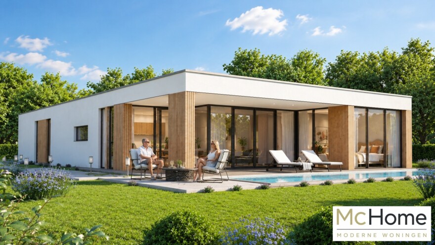 Mc-Home B144 moderne bungalow veel glas overdekt terras  Staalframebouw Nederland