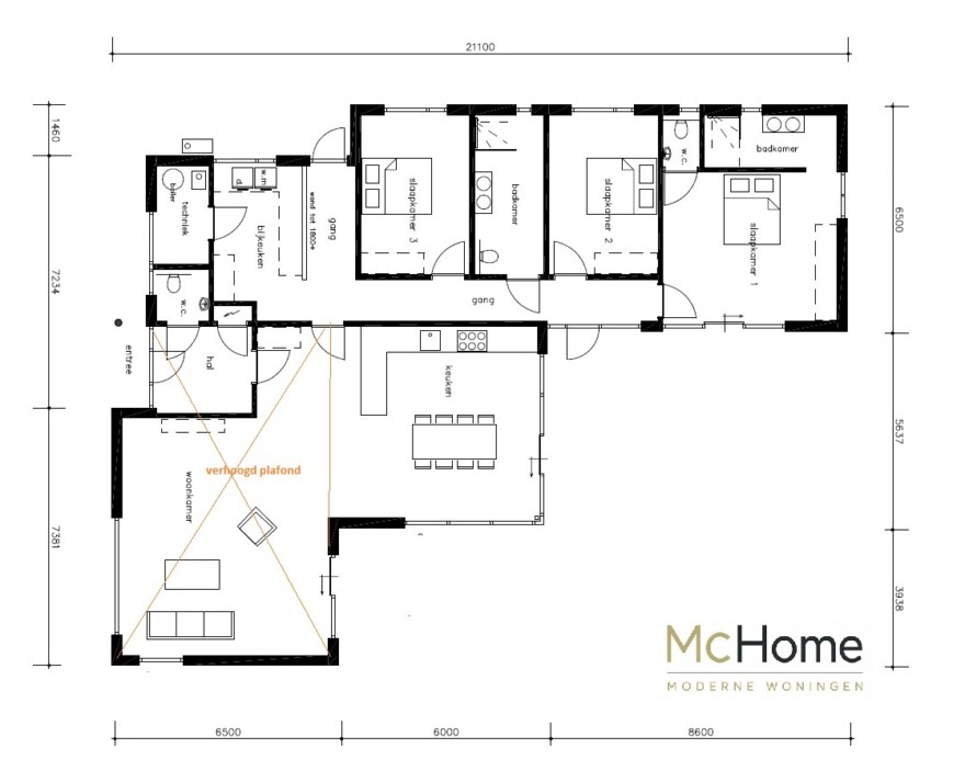Mc-Home B155 levensloopbestendig modern hoog plafond glas en  natuursteen staalframebouw Nederland