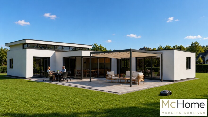 Mc-Home B155 levensloopbestendig modern hoog plafond glas en  natuursteen staalframebouw Nederland