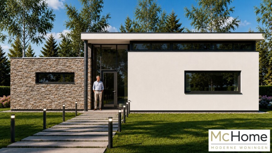 Mc-Home B155 levensloopbestendig modern hoog plafond glas en  natuursteen staalframebouw Nederland