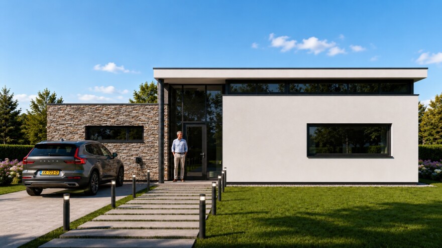 Mc-Home B155 levensloopbestendig modern hoog plafond glas en  natuursteen staalframebouw Nederland