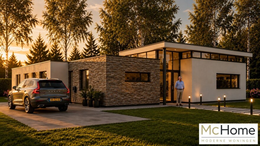 Mc-Home B155 levensloopbestendig modern hoog plafond glas en  natuursteen staalframebouw Nederland
