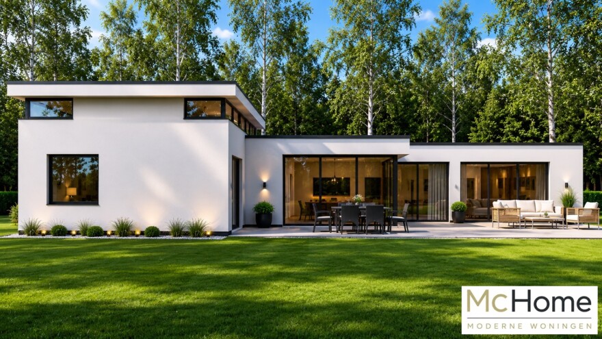 Mc-Home B155 levensloopbestendig modern hoog plafond glas en  natuursteen staalframebouw Nederland