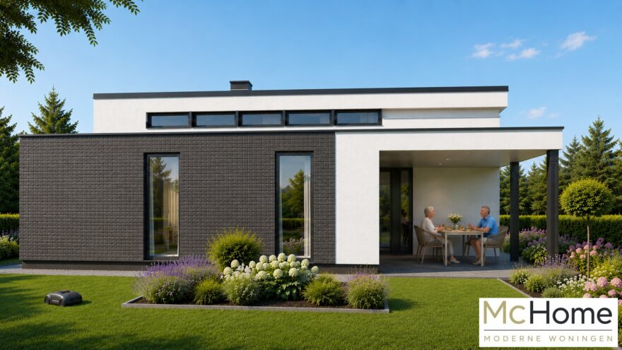 Moderne gelijkvloerse woning B-100-v1 met verhoogde woonkamer en overdekt terras
