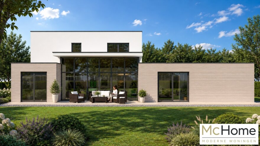 Moderne kubistische woning M-377 met plat dak, verhoogde woonkamer, overdekt terras en carport