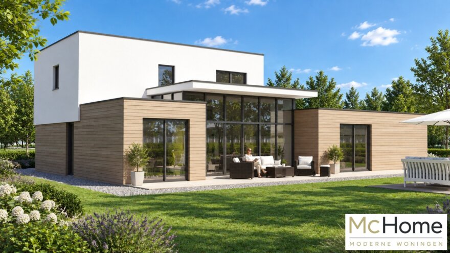 Moderne kubistische woning M-377 met plat dak, verhoogde woonkamer, overdekt terras en carport