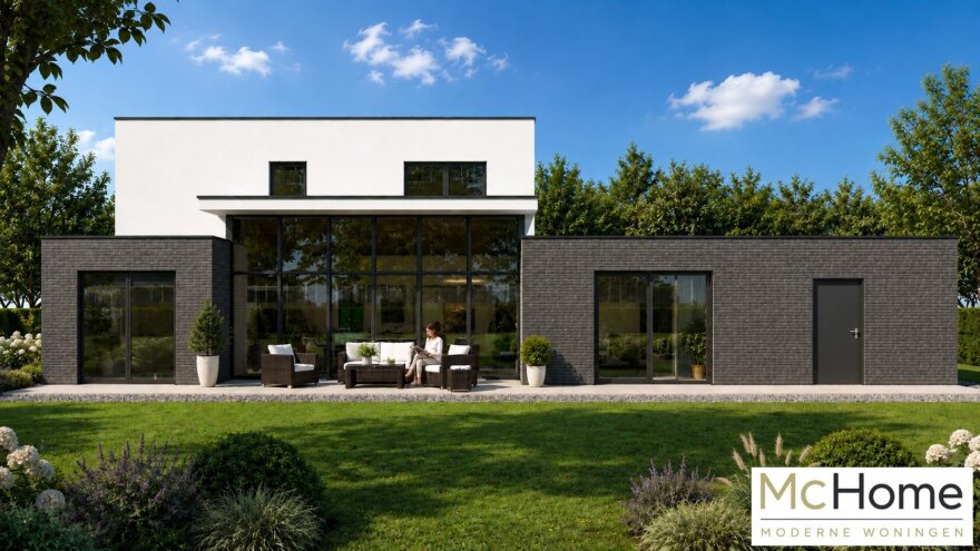 Moderne kubistische woning M-377 met plat dak, verhoogde woonkamer, overdekt terras en carport