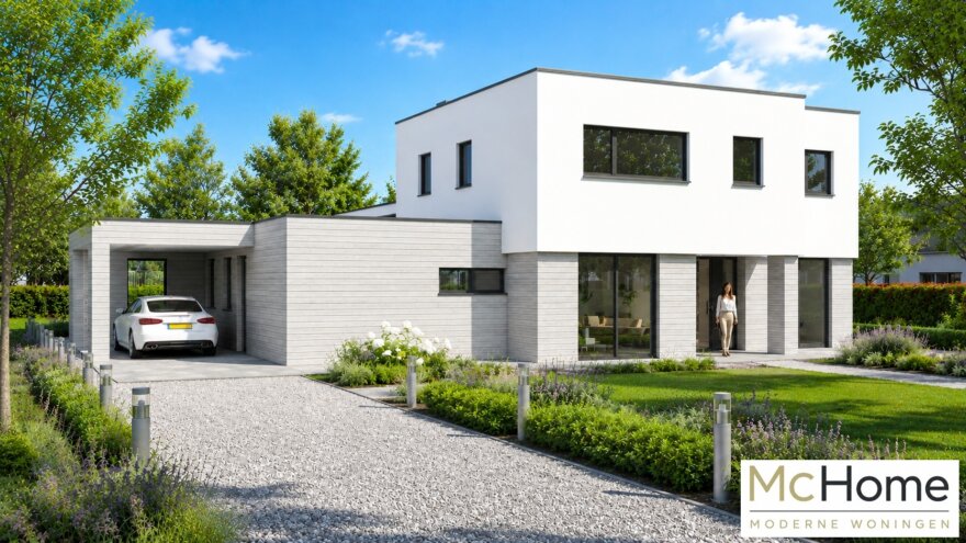 Moderne kubistische woning M-377 met plat dak, verhoogde woonkamer, overdekt terras en carport