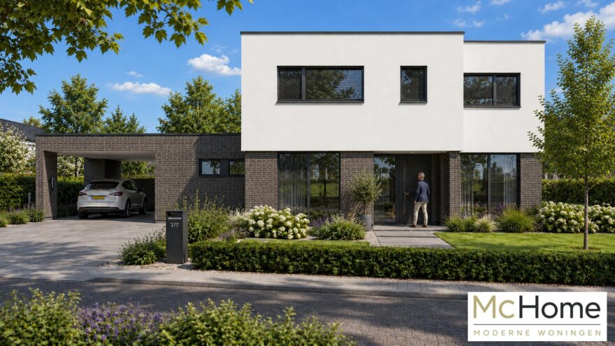 Moderne kubistische woning M-377 met plat dak, verhoogde woonkamer, overdekt terras en carport