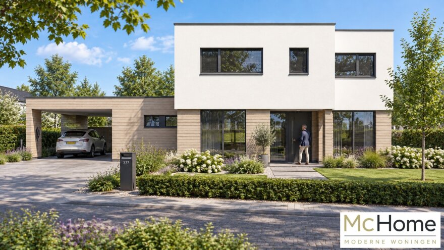Moderne kubistische woning M-377 met plat dak, verhoogde woonkamer, overdekt terras en carport