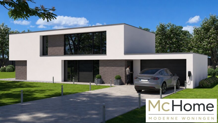 Modern architect-ontwerp kubistische woning M-382  met grote glaspartijen en inpandige garage