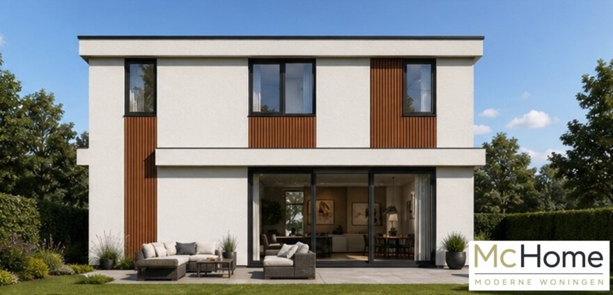 strakke witte kubistische woning met houten accenten