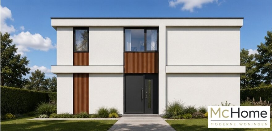 strakke witte kubistische woning met houten accenten