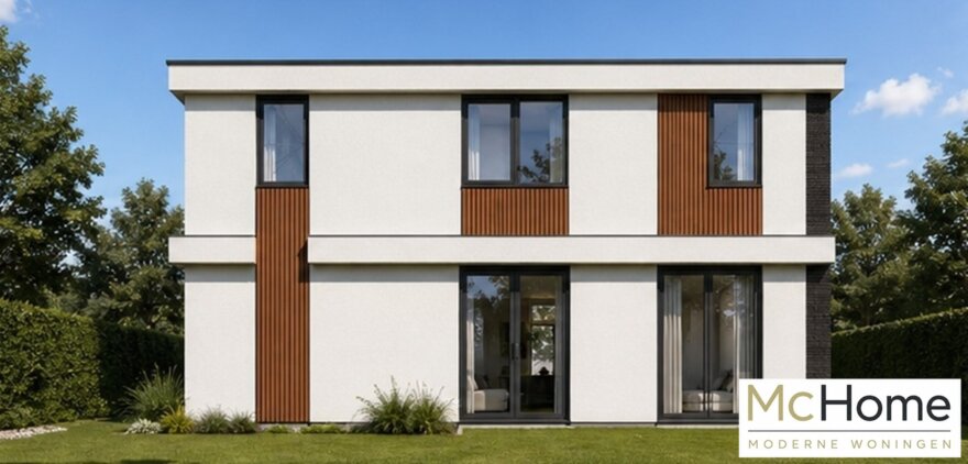 strakke witte kubistische woning met houten accenten