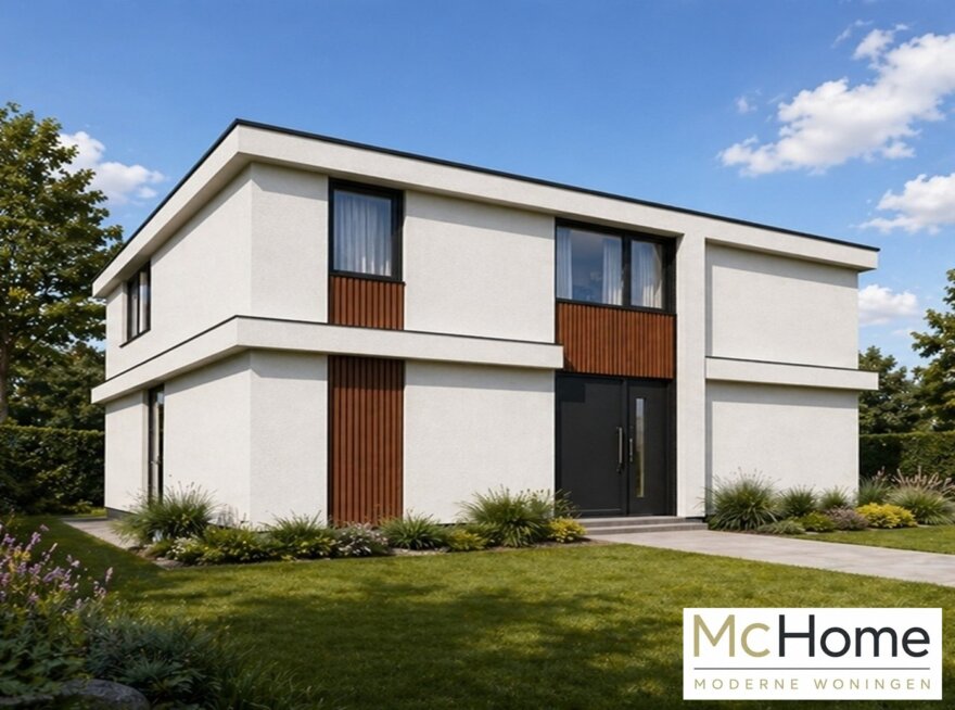strakke witte kubistische woning met houten accenten