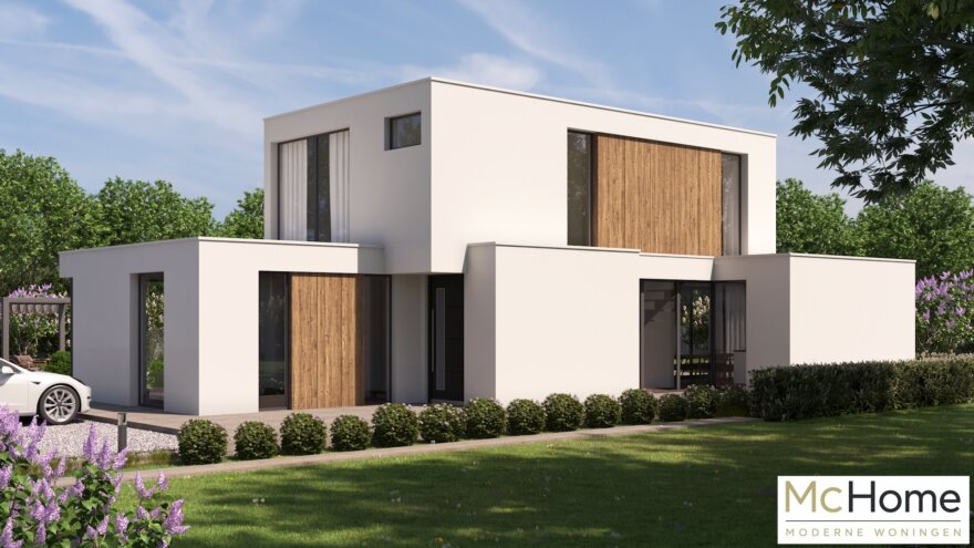 Moderne kubistische levensloopbestendige woning M-397 met plat dak van MC HOME