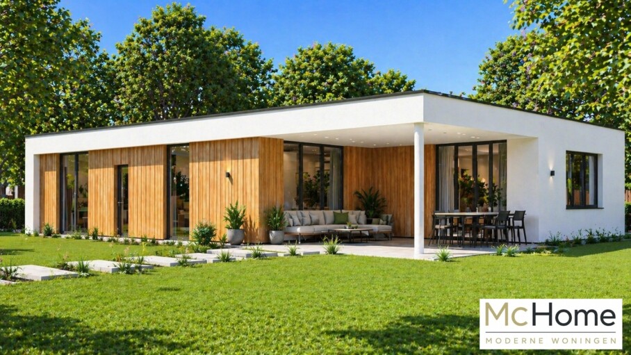 Moderne gelijkvloerse bungalow met houten gevelbekleding, grote glaspartijen en overdekt terras