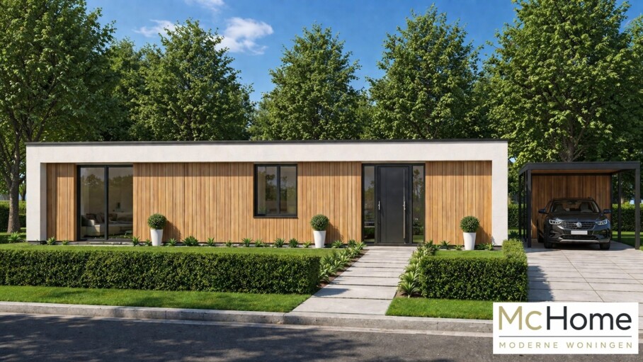Moderne gelijkvloerse bungalow met houten gevelbekleding, grote glaspartijen en overdekt terras