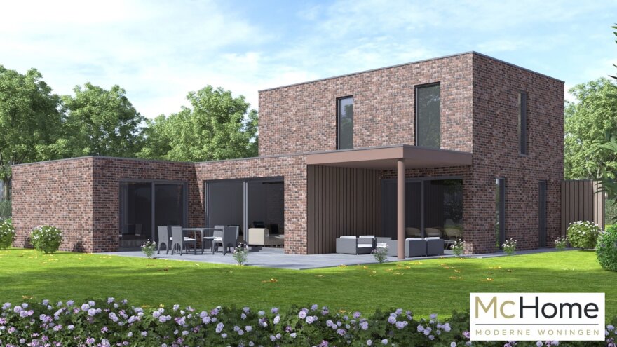 Moderne kubistische woning M-392 met plat dak, carport en overdekt terras
