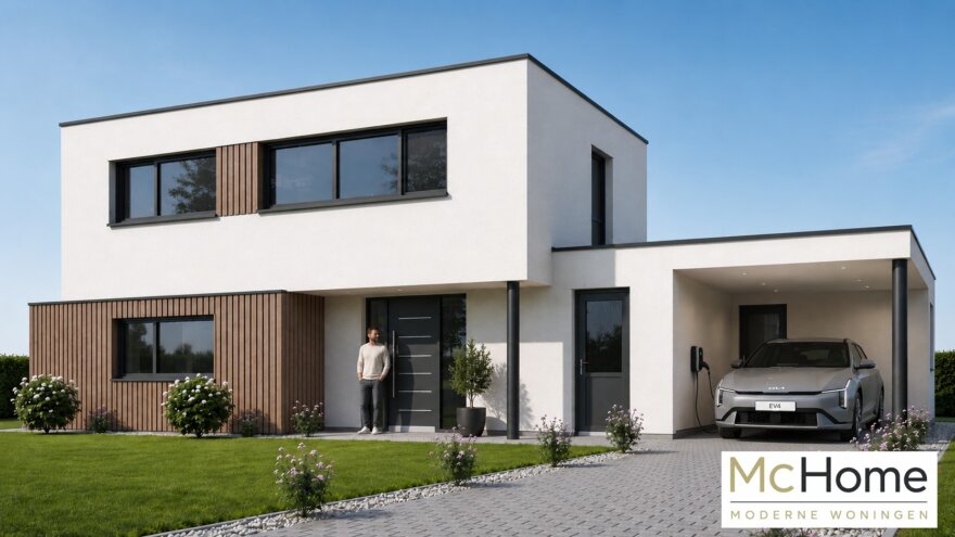 Moderne kubistische woning M-392 met plat dak, carport en overdekt terras