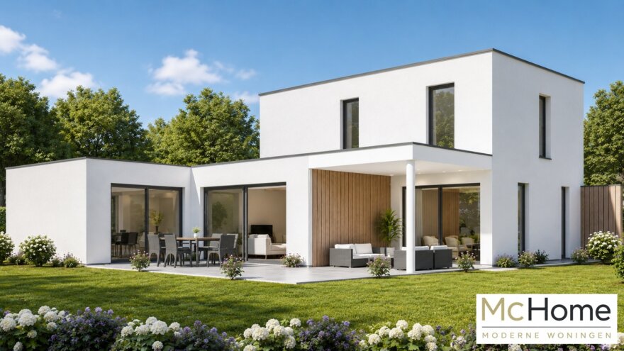 Moderne kubistische woning M-392 met plat dak, carport en overdekt terras