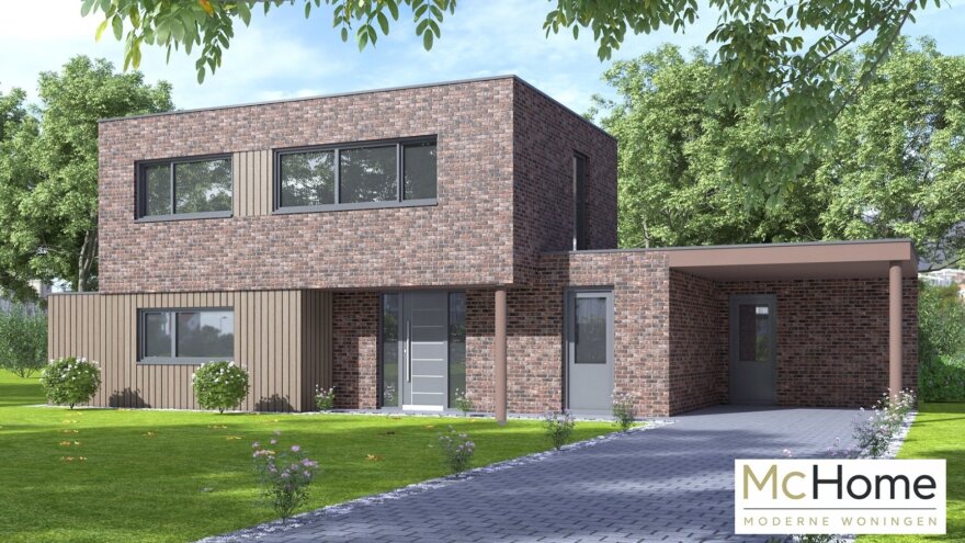 Moderne kubistische woning M-392 met plat dak, carport en overdekt terras