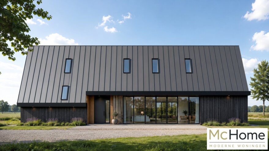 Moderne schuurwoning  LH-20 met zwarte gevelbekleding, stalen dak en grote glasgevel