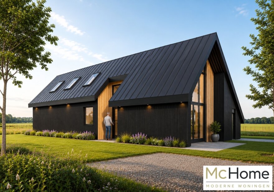 Moderne schuurwoning LH-20 met zwarte gevelbekleding, stalen dak en grote glasgevel