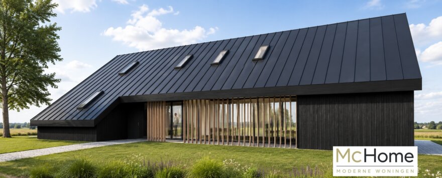 Moderne schuurwoning LH-20 met zwarte gevelbekleding, stalen dak en grote glasgevel