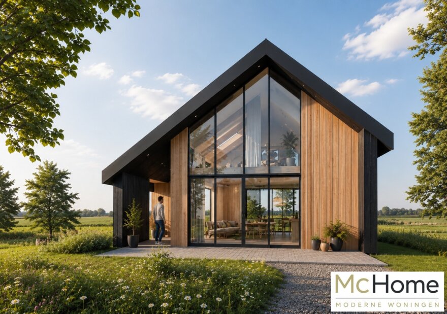 Moderne schuurwoning LH-20 met zwarte gevelbekleding, stalen dak en grote glasgevel