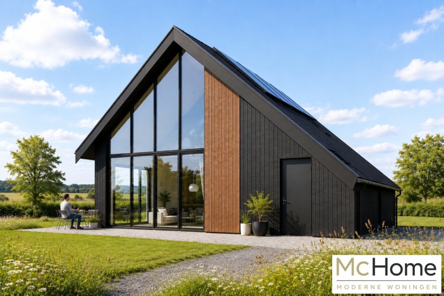 Moderne schuurwoning LH-20 met zwarte gevelbekleding, stalen dak en grote glasgevel