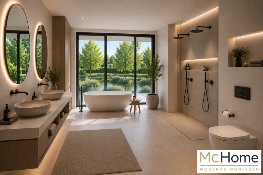 Modern interieur van kubistische villa met luxe leefkeuken en grote glaspartijen