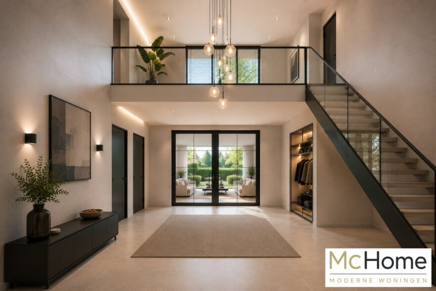 Modern interieur van kubistische villa met luxe leefkeuken en grote glaspartijen