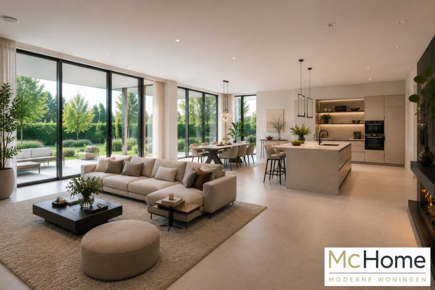 Modern interieur van kubistische villa met luxe leefkeuken en grote glaspartijen