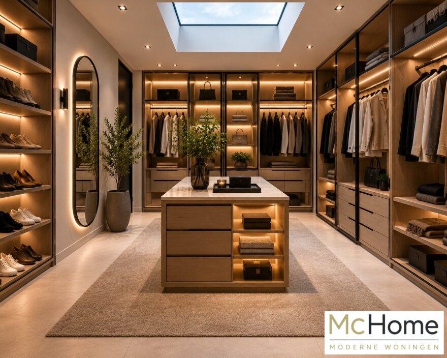 Modern interieur van kubistische villa met luxe leefkeuken en grote glaspartijen