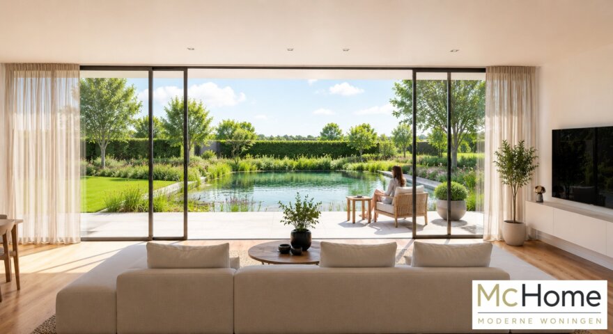 Modern interieur van kubistische villa met luxe leefkeuken en grote glaspartijen