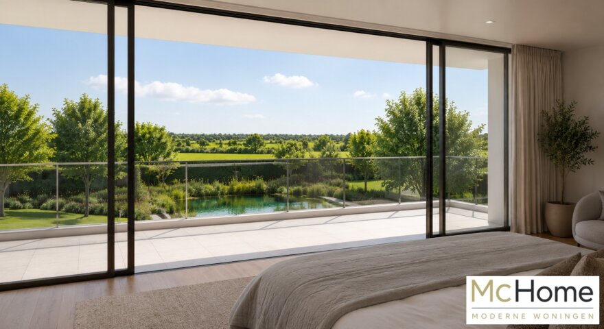 Modern interieur van kubistische villa met luxe leefkeuken en grote glaspartijen