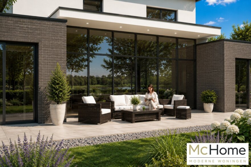 Moderne kubistische woning M-377 met plat dak, verhoogde woonkamer, overdekt terras en carport