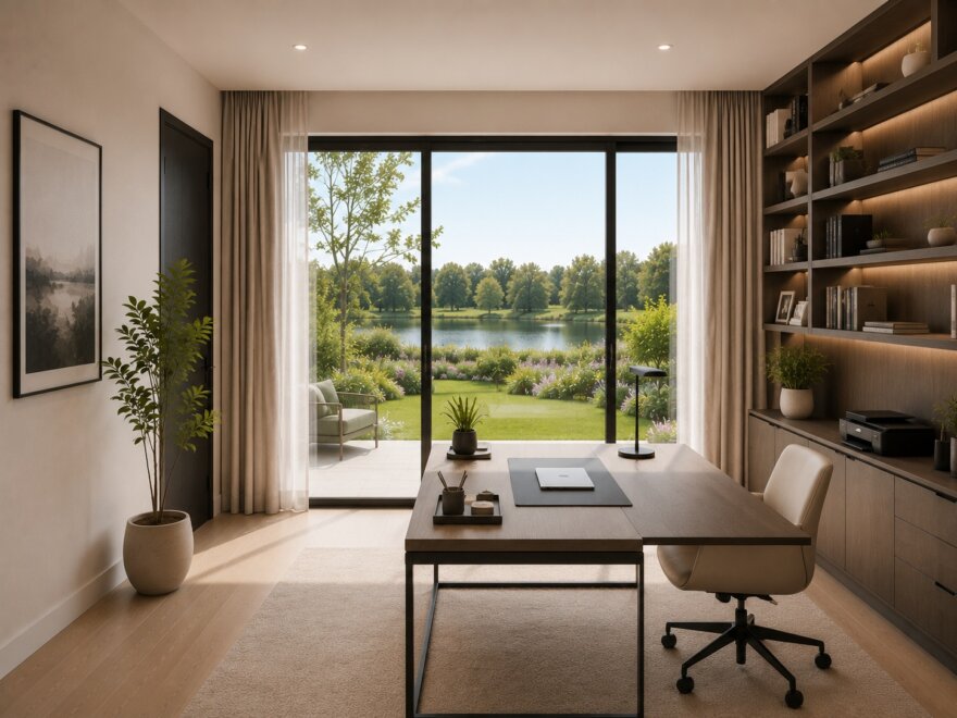 Modern interieur van de kubistische villa M-377 met luxe leefruimtes en eigentijdse inrichting